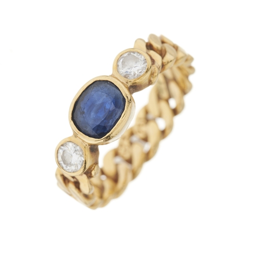37 - An 18ct gold sapphire and brilliant-cut diamond three-stone ring, with flat curb-link band, estimate... 