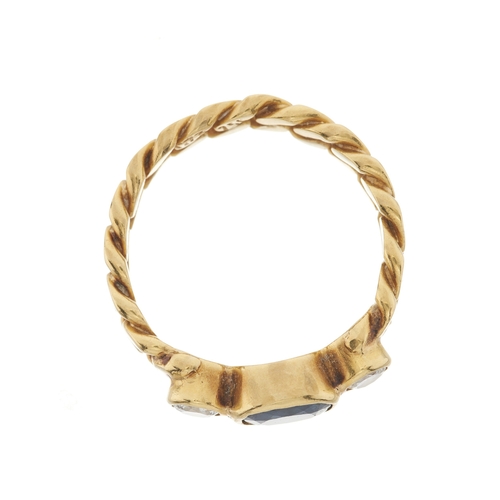 37 - An 18ct gold sapphire and brilliant-cut diamond three-stone ring, with flat curb-link band, estimate... 