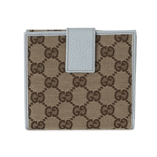 377 - Gucci, a Swing compact wallet, crafted from GG canvas, with light blue leather trim, double-sided wi... 