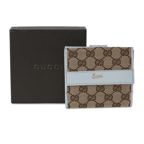 377 - Gucci, a Swing compact wallet, crafted from GG canvas, with light blue leather trim, double-sided wi... 