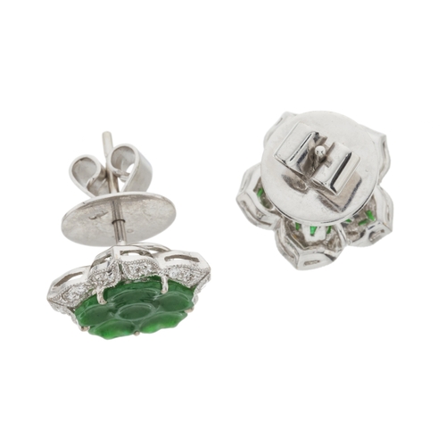 38 - A pair of 18ct gold carved jade cabochon and brilliant-cut diamond floral cluster stud earrings, est... 