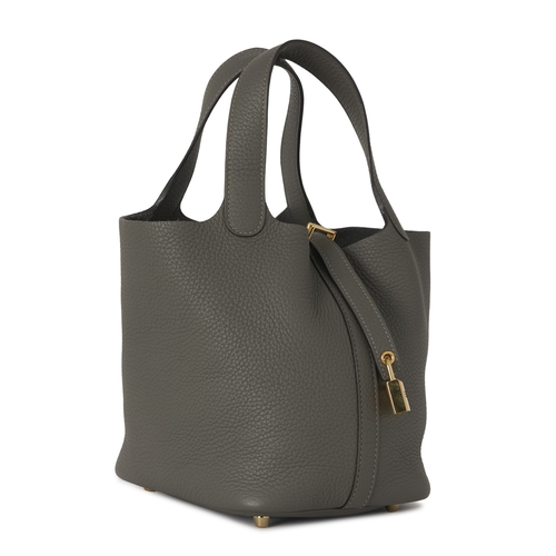 389 - Hermes, a 2022, Picotin 18 bucket bag, crafted from grey Clemence leather, with gold-plated hardware... 