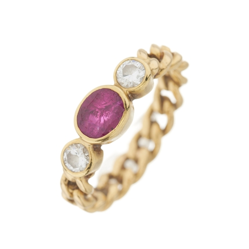 39 - An 18ct gold ruby and brilliant-cut diamond three-stone ring, with flat curb-link band, estimated to... 