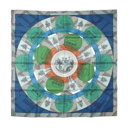 397 - Hermes, a Jeu des Omnibus Remix silk scarf, designed by Giancarlo Pagni in 2018 and features a multi... 
