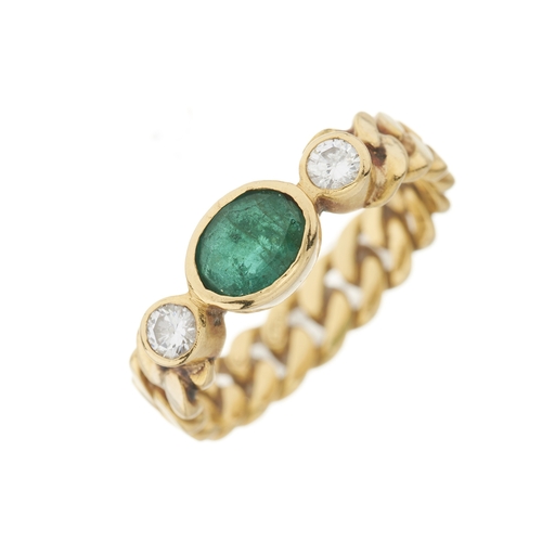 41 - An 18ct gold emerald and brilliant-cut diamond three-stone ring, with flat curb-link band, estimated... 