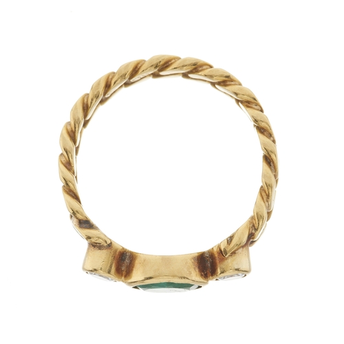 41 - An 18ct gold emerald and brilliant-cut diamond three-stone ring, with flat curb-link band, estimated... 