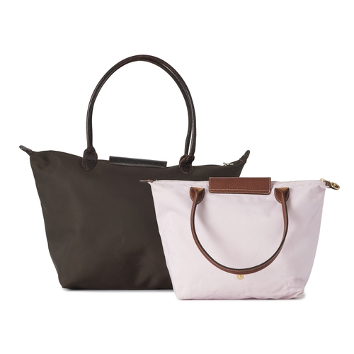 416 - Longchamp, two Le Pliage handbags, to include a large brown nylon tote with crocodile embossed leath... 
