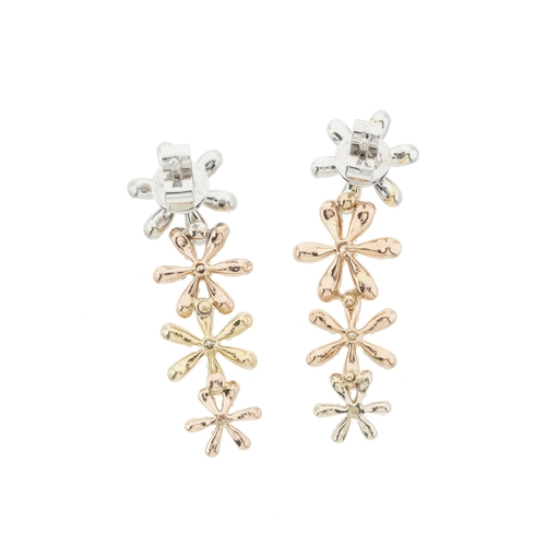 42 - A pair of 18ct tri-colour gold brilliant-cut diamond flower cluster drop earrings, estimated total d... 