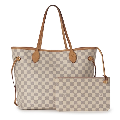424 - Louis Vuitton, a damier azur Neverfull MM handbag w/pouch, designed vachetta tan leather trim, dual ... 