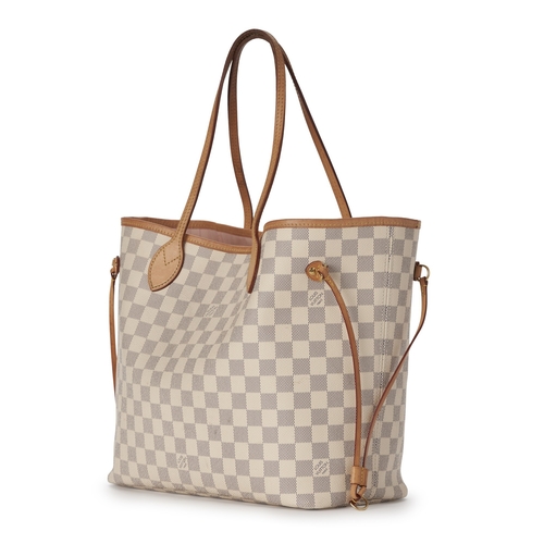 424 - Louis Vuitton, a damier azur Neverfull MM handbag w/pouch, designed vachetta tan leather trim, dual ... 