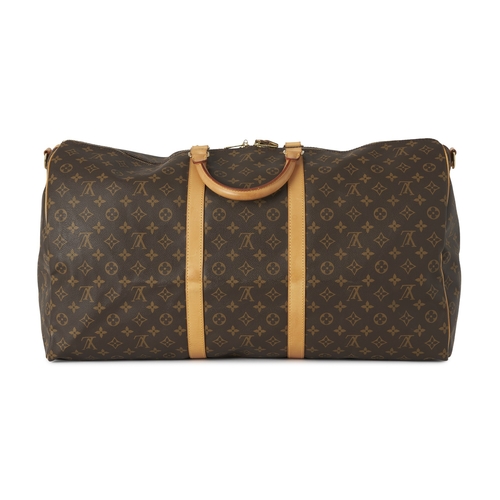459 - Louis Vuitton, a monogram Keepall Bandouliere 60 luggage bag, with natural leather trim, rolled leat... 