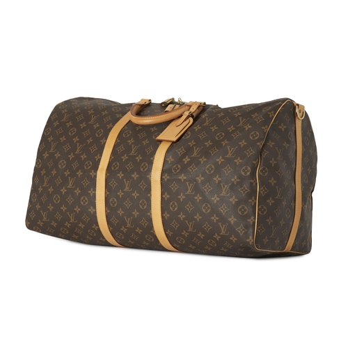 459 - Louis Vuitton, a monogram Keepall Bandouliere 60 luggage bag, with natural leather trim, rolled leat... 