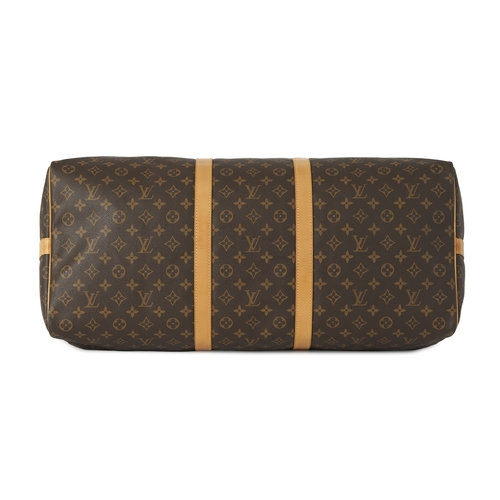 459 - Louis Vuitton, a monogram Keepall Bandouliere 60 luggage bag, with natural leather trim, rolled leat... 