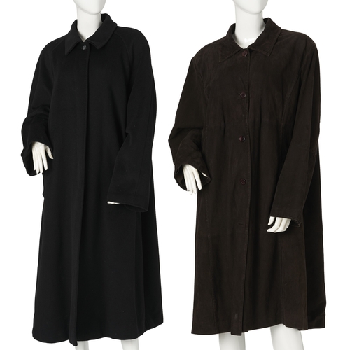 470 - Marina Rinaldi, two coats, to include a brown suede example and a black wool/cashmere example, both ... 