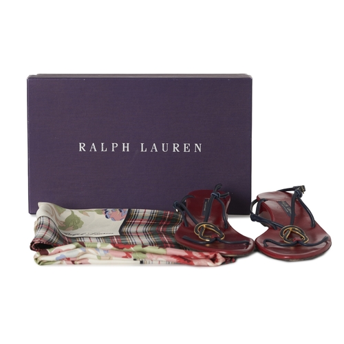 492 - Ralph Lauren, a silk scarf and a pair of sandals, to include a floral-patterned scarf with tartan bo... 