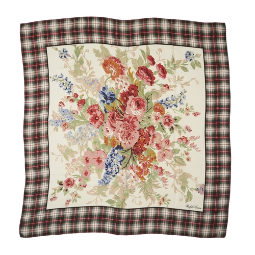 492 - Ralph Lauren, a silk scarf and a pair of sandals, to include a floral-patterned scarf with tartan bo... 