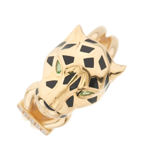 59 - Cartier, an 18ct gold brilliant-cut diamond and black lacquer Panthere de Cartier ring, with green g... 