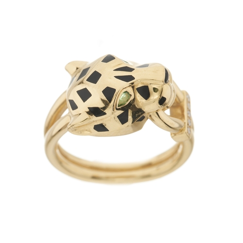 59 - Cartier, an 18ct gold brilliant-cut diamond and black lacquer Panthere de Cartier ring, with green g... 