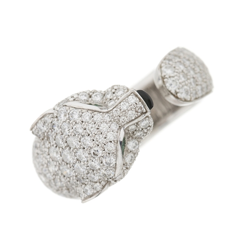 63 - Cartier, an 18ct white gold pave-set diamond Panthere de Cartier ring, medium model, with emerald ey... 