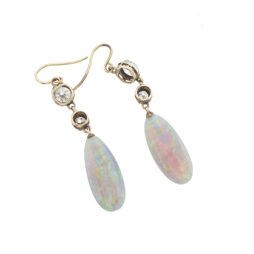 7 - A pair of late Victorian opal cabochon and old-cut diamond drop earrings, estimated total diamond we... 