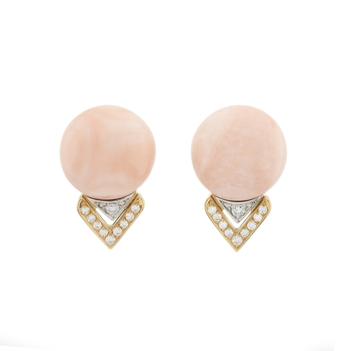 71 - A pair of 18ct gold pink coral cabochon and brilliant-cut diamond earrings, corals measure approxima... 