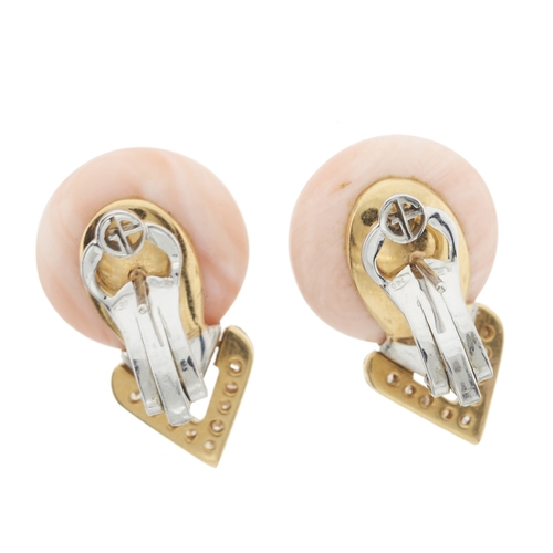 71 - A pair of 18ct gold pink coral cabochon and brilliant-cut diamond earrings, corals measure approxima... 