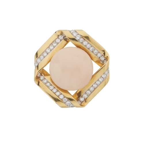 73 - An 18ct gold pink coral cabochon and brilliant-cut diamond brooch, coral measures approximately 19 b... 