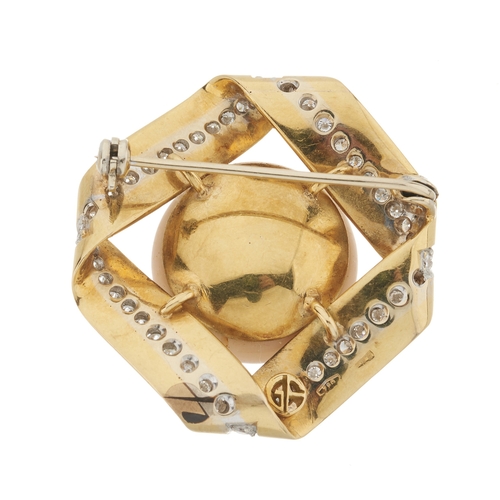 73 - An 18ct gold pink coral cabochon and brilliant-cut diamond brooch, coral measures approximately 19 b... 