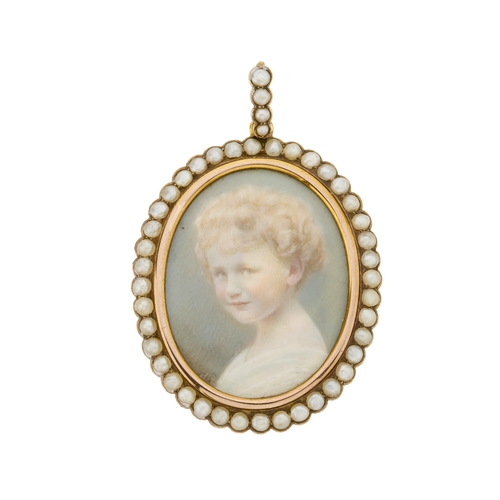 8 - An early 20th century 9ct gold split pearl portrait miniature pendant, painted on ivory, depicting a... 