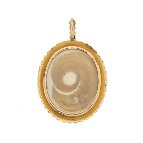 8 - An early 20th century 9ct gold split pearl portrait miniature pendant, painted on ivory, depicting a... 