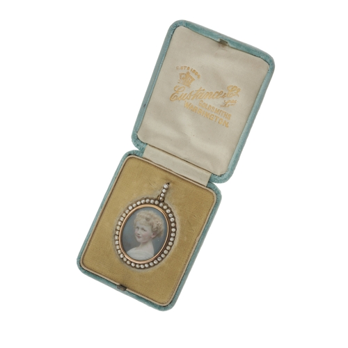 8 - An early 20th century 9ct gold split pearl portrait miniature pendant, painted on ivory, depicting a... 