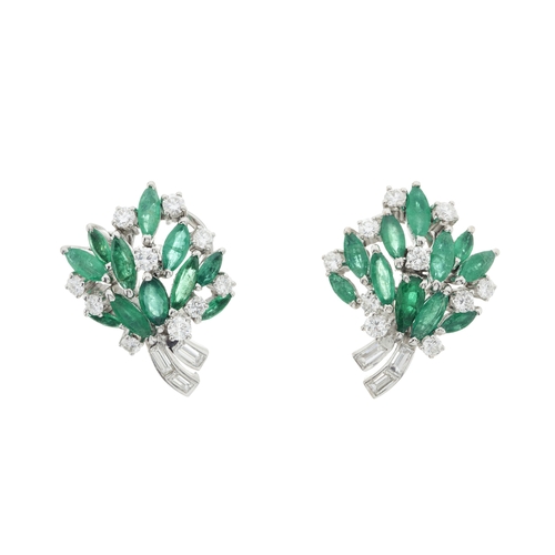 81 - A pair of 18ct gold emerald and vari-cut diamond floral earrings, estimated total diamond weight 2ct... 