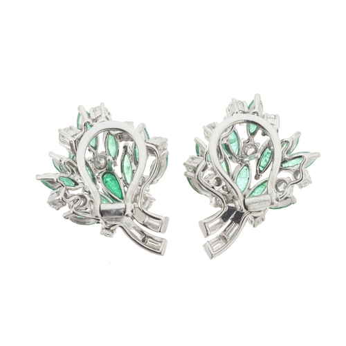 81 - A pair of 18ct gold emerald and vari-cut diamond floral earrings, estimated total diamond weight 2ct... 