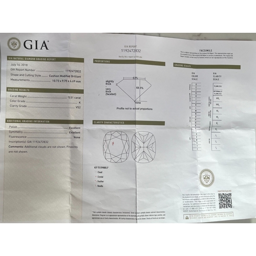 82 - An impressive platinum cushion-shape diamond single-stone ring, with brilliant-cut diamond line shou... 