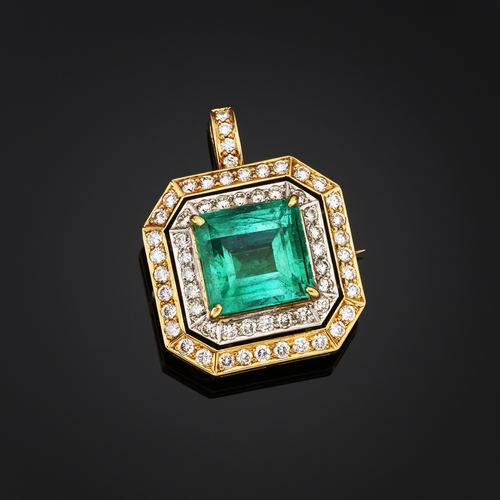 83 - An 18ct gold emerald and diamond pendant, emerald weight 5.22ct, engraved to mount, estimated total ... 
