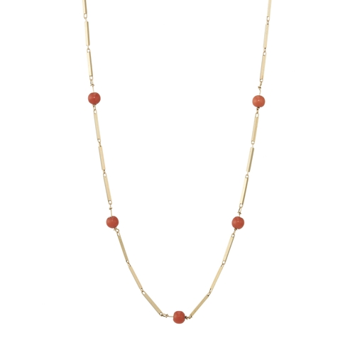 84 - A 9ct gold baton-link and coral bead necklace, beads measure approximately 5mm, import marks for She... 