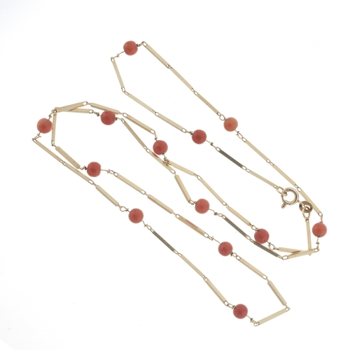 84 - A 9ct gold baton-link and coral bead necklace, beads measure approximately 5mm, import marks for She... 