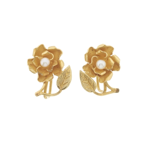 86 - A pair of 18ct gold seed pearl accent rose earrings, with screw-back fittings, mount stamped 18K, le... 