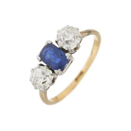 87 - A mid 20th century 18ct gold cushion-shape sapphire and old-cut diamond three-stone ring, estimated ... 