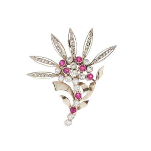 90 - A mid 20th century ruby and vari-cut diamond flower brooch, estimated total old-cut diamond weight 1... 