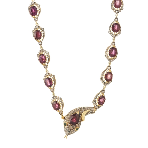 94 - A bi-colour garnet and rose-cut diamond snake necklace, with push-piece clasp and emerald cabochon e... 