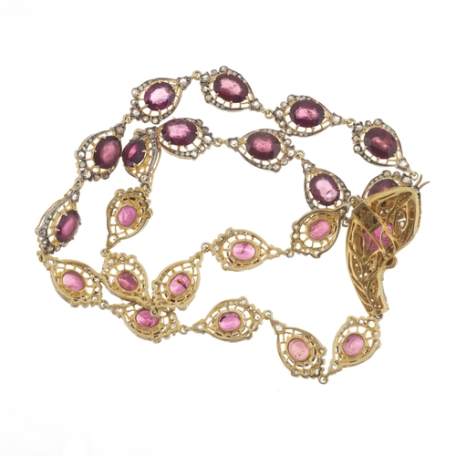 94 - A bi-colour garnet and rose-cut diamond snake necklace, with push-piece clasp and emerald cabochon e... 