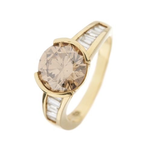 95 - An 18ct gold brilliant-cut coloured diamond single-stone dress ring, with calibre-cut colourless dia... 