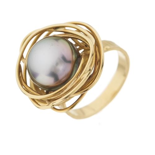 97 - An 18ct gold grey cultured pearl dress ring, with stylised bird's nest wire surround and textured ba... 