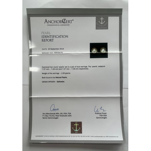 101 - A pair of gold natural pearl single-stone stud earrings, with report from AnchorCert stating natural... 
