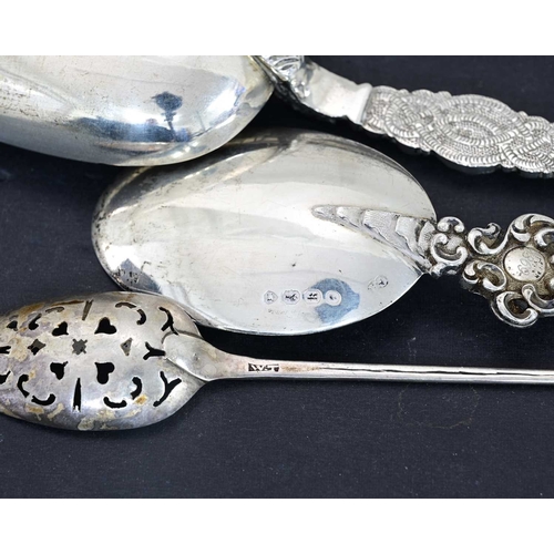 160 - An eighteenth-century silver mote spoon, maker's mark only, by 'W.T', length 15.5cm, together with a... 