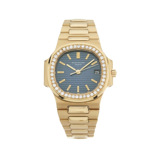 216 - 
Patek Philippe 
A Nautilus bracelet watch. Circa 1984
Case: Signed. 18ct gold. Bezel set with diamo... 