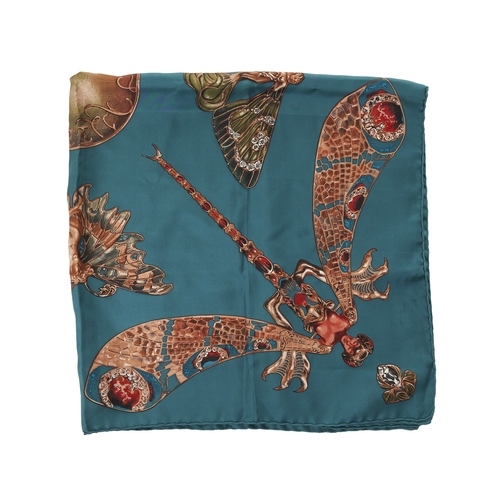 347 - Lalique Paris, a Nymphes Aillees silk scarf, featuring dragonflies and winged nymphs on a turquoise ... 