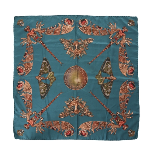 347 - Lalique Paris, a Nymphes Aillees silk scarf, featuring dragonflies and winged nymphs on a turquoise ... 