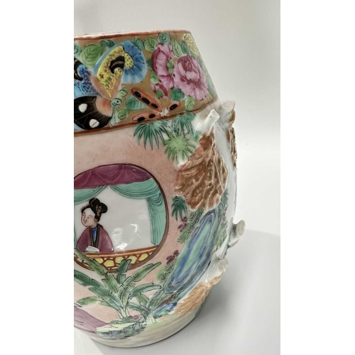 114 - A Chinese export porcelain famille rose jug, bulbous form, decorated with scenes of family or court ... 